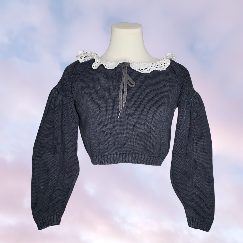 Black Crop Knit Sweater White Crochet Lace Collar Tie Front Balloon Sleeve Top